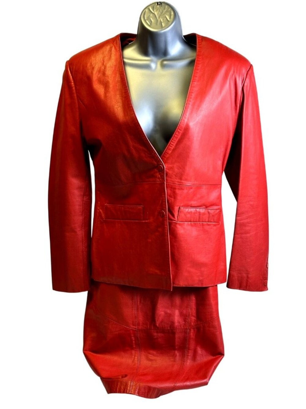 Vintage Wilsons Red Genuine Leather 2 Piece Skirt Suit Jacket S Skirt 12